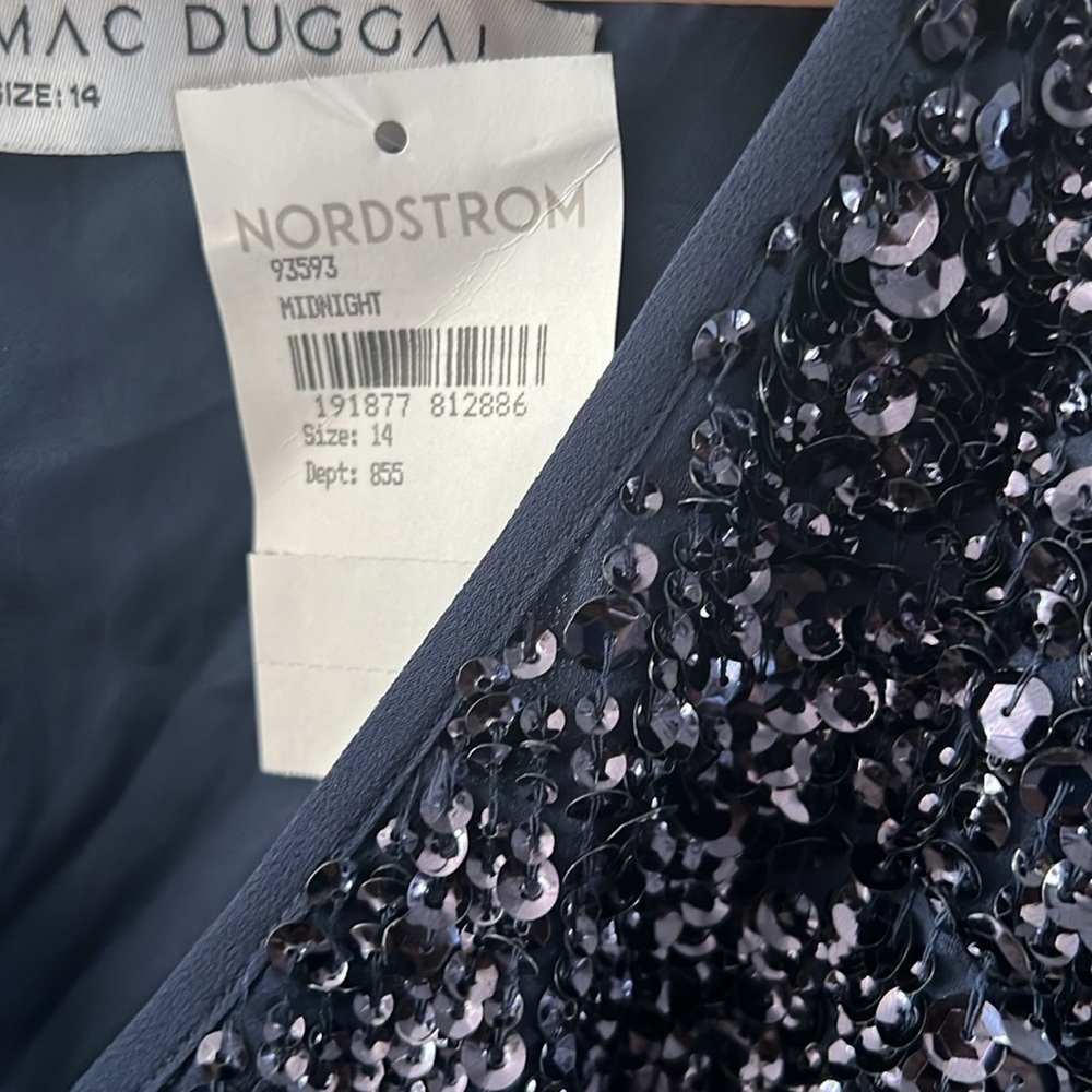 10 Mac Duggal Navy Long Sleeve Sequined Midi Dress 14 V neck Evening Formal - Picture 7 of 12